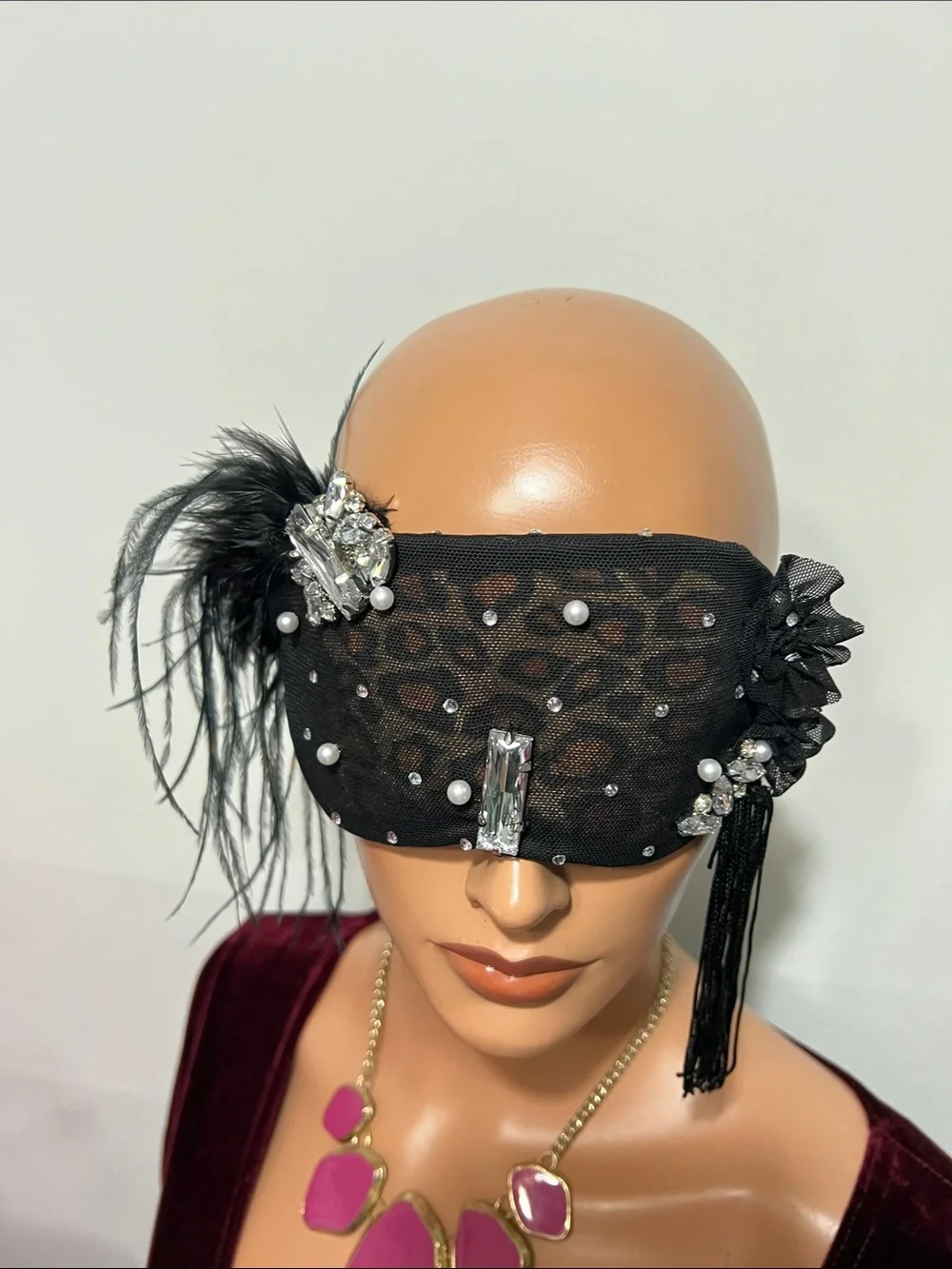 Black Embellished Feathered Masquerade Eye Mask